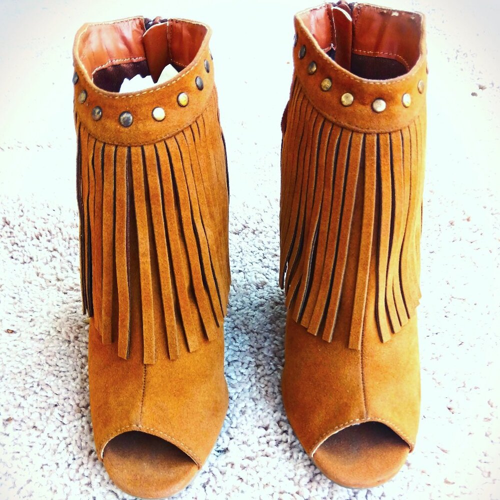 Adriana New York Cognac Suede Fringe Peep-Toe Wedge Booties - Picture 4 of 7